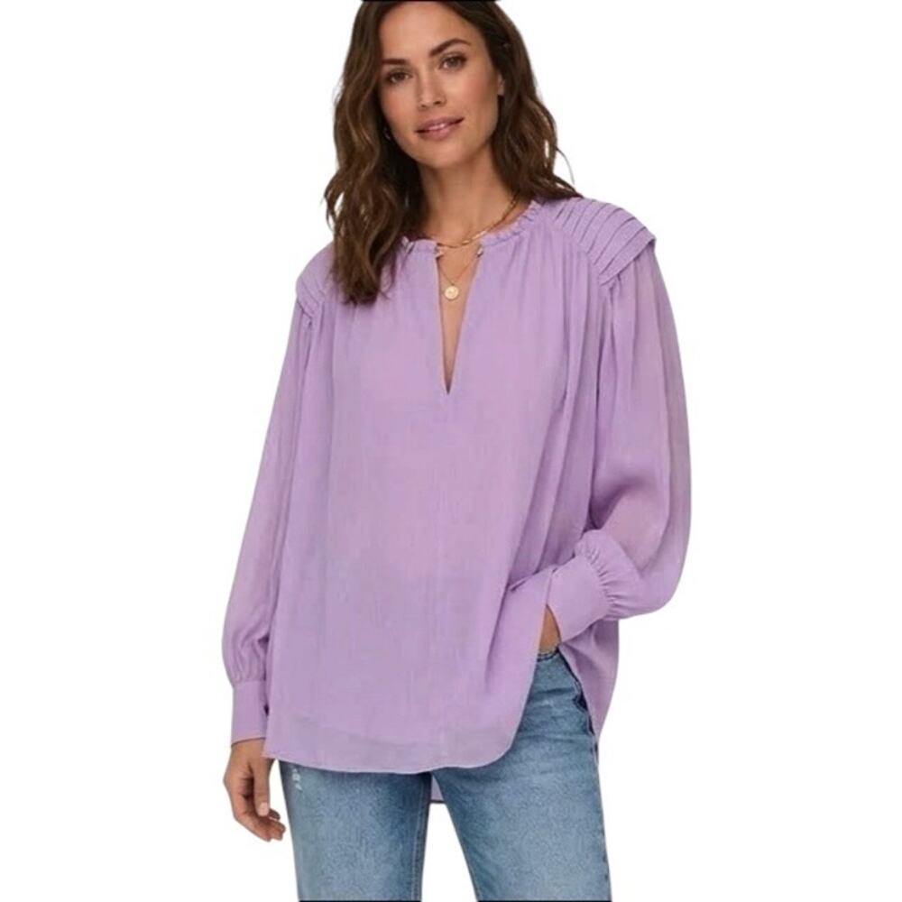 Zara Lilac Purple Ruffle Neck Long Sleeve Top Blouse Size Small
